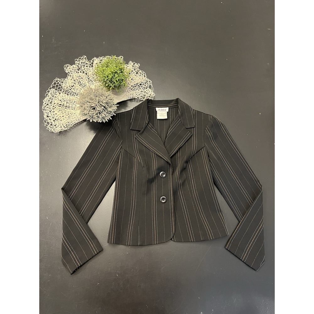 A. Byer Y2k Vintage Fitted Black Brown Pinstripe Cropped Suit Jacket Blazer Sz S